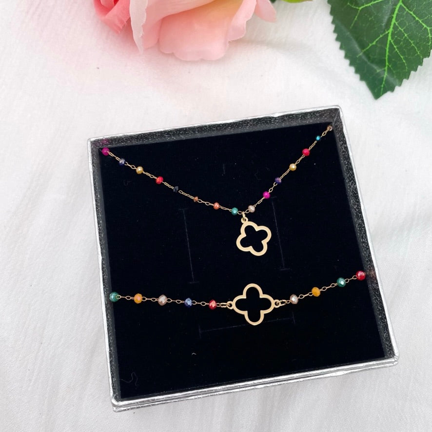 Coffret parure bijoux Trèfle perles rainbow