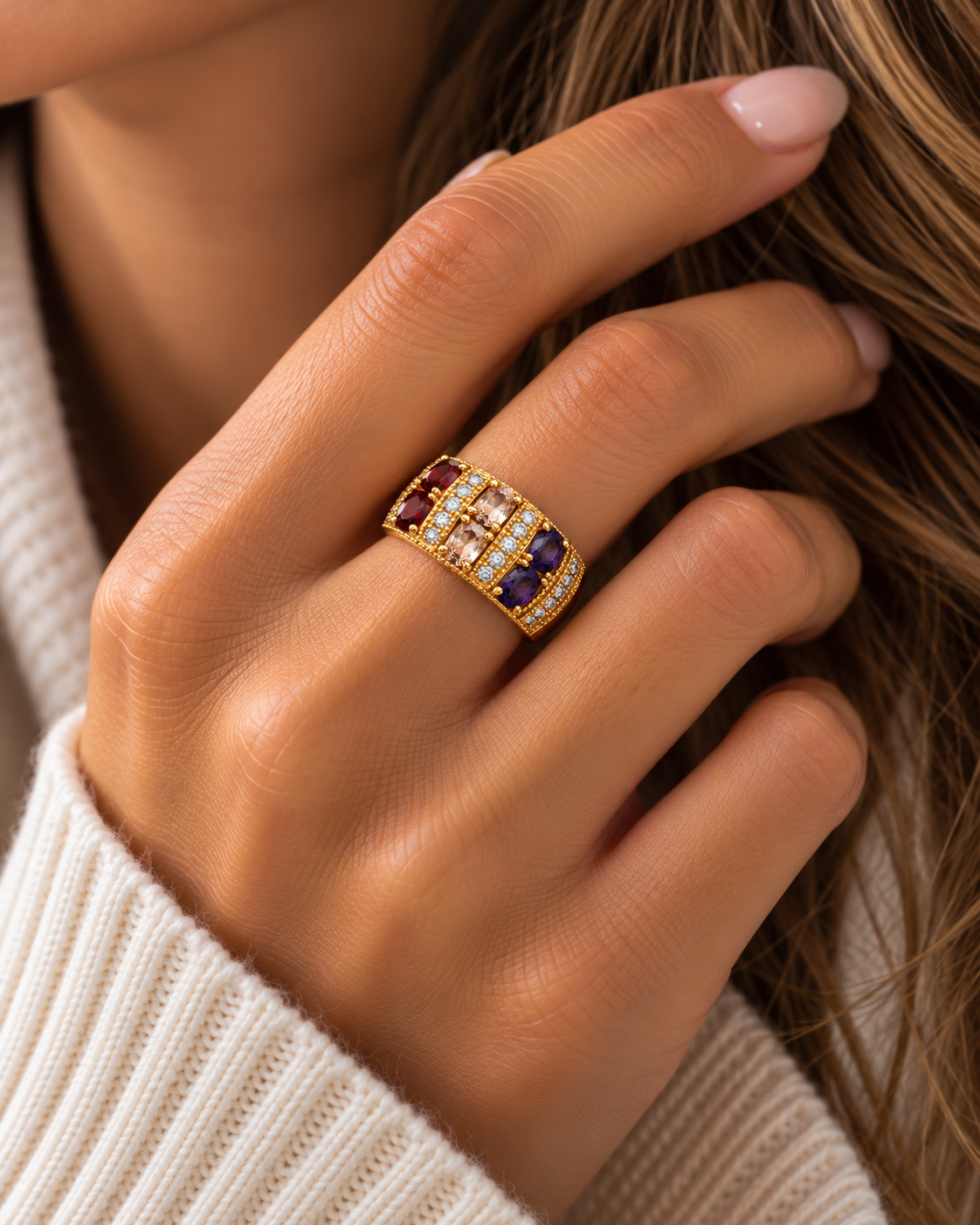 Bague dorée multirangs zirconiums