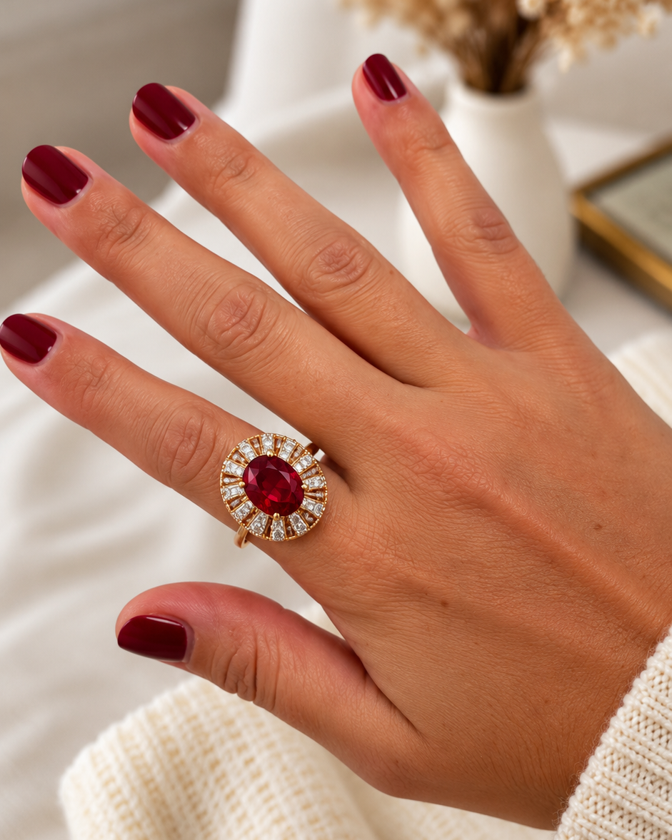 Bague dorée pierre rouge et zirconiums