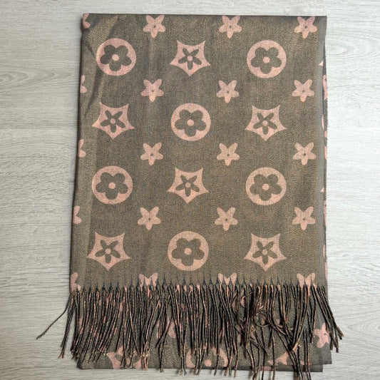Écharpe imprimé fleur pailleté taupe