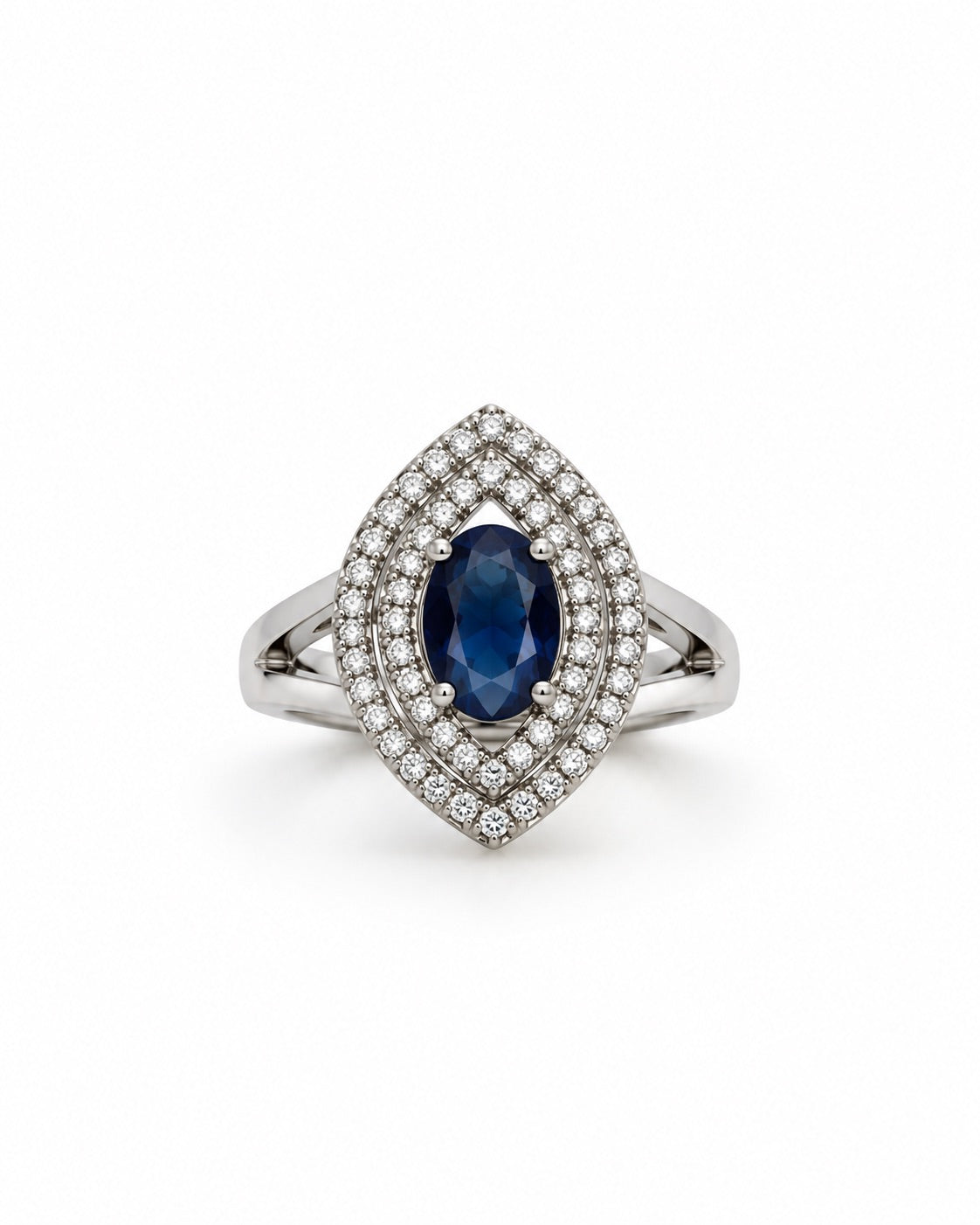 Bague marquise argentée pierre bleue et zirconiums