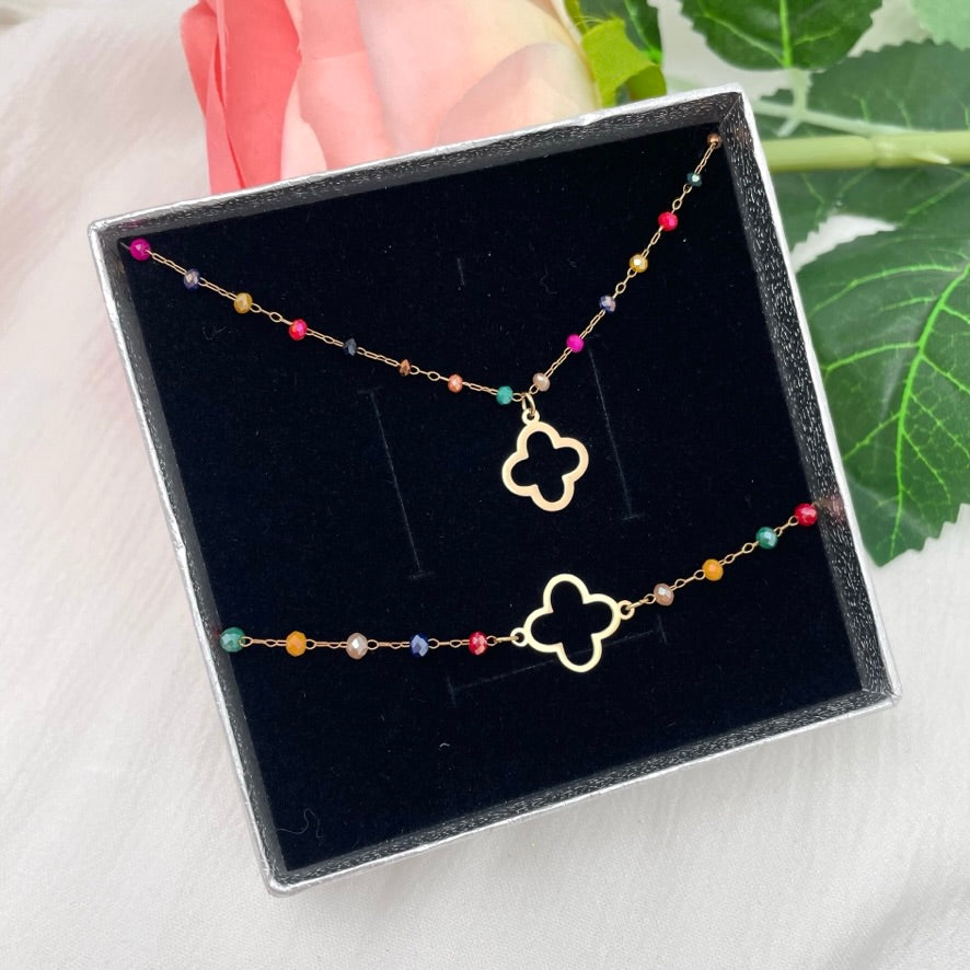 Coffret parure bijoux Trèfle perles rainbow