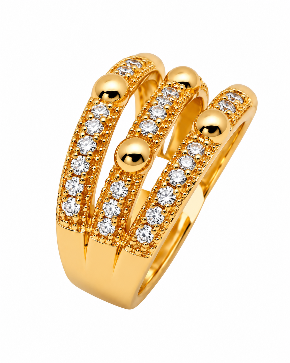 Bague dorée multirangs à zirconiums