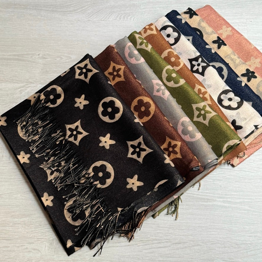 Écharpe imprimé fleur pailleté taupe