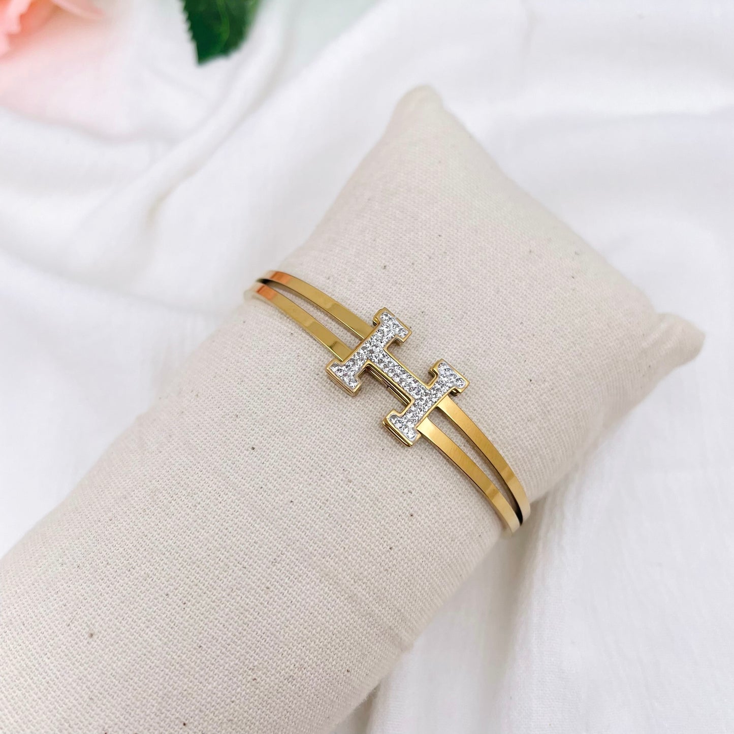 Bracelet jonc H strass double rang