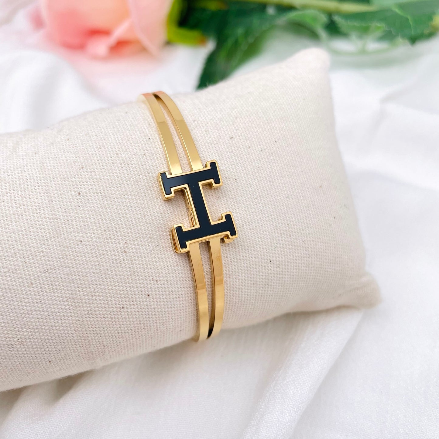 Bracelet jonc H noir double rang