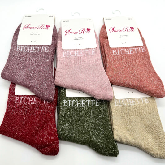 💖 Chaussettes ENFANT à Paillettes à Message " Bichette "
