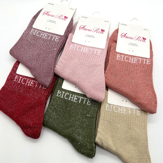 💖 Chaussettes ENFANT à Paillettes à Message " Bichette "