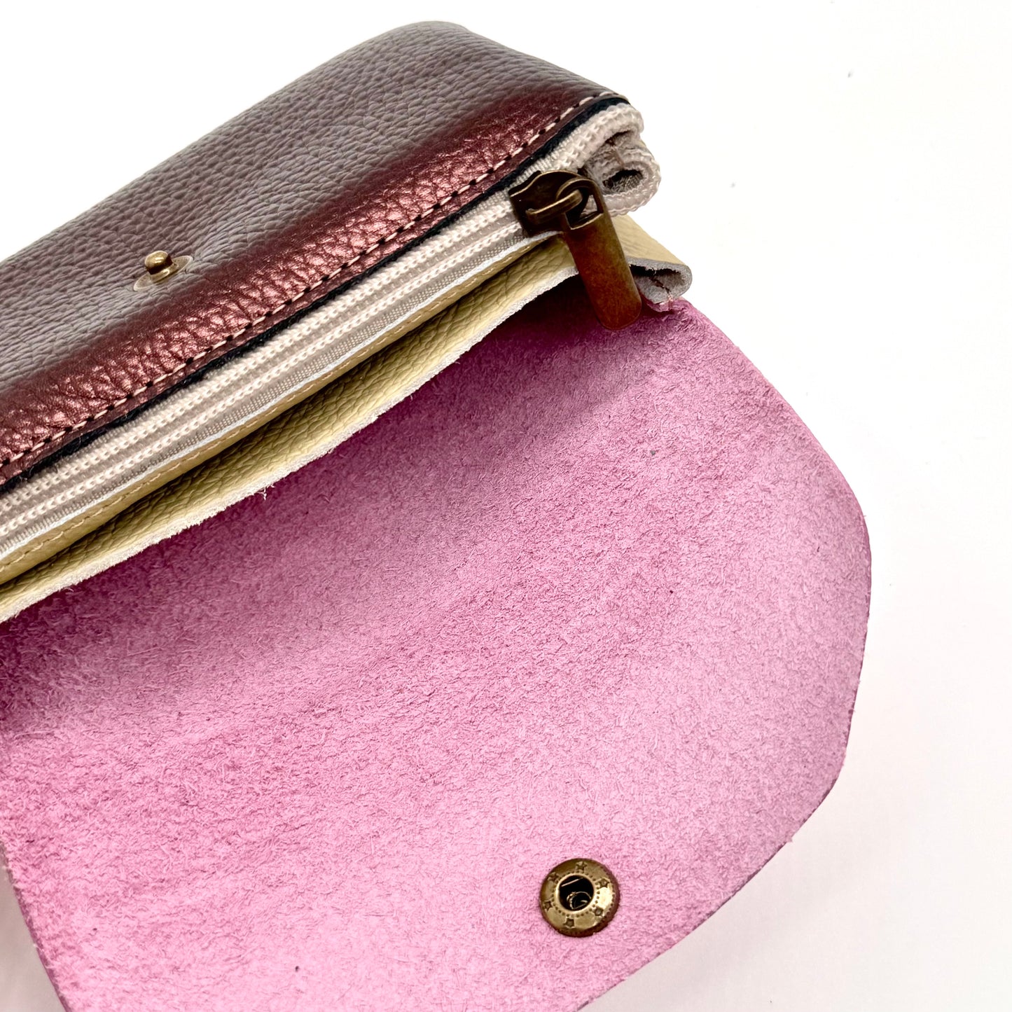 Porte-monnaie en cuir véritable irisé choco-rose