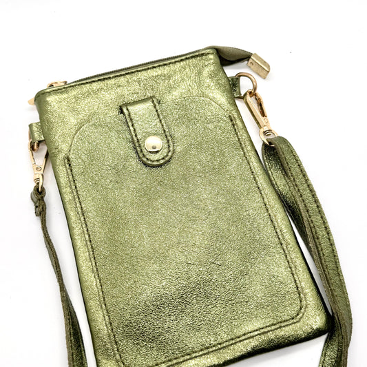 Pochette bandoulière téléphone en cuir véritable irisé vert