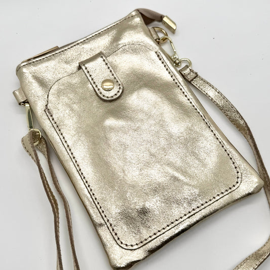 Pochette bandoulière téléphone en cuir véritable irisé doré