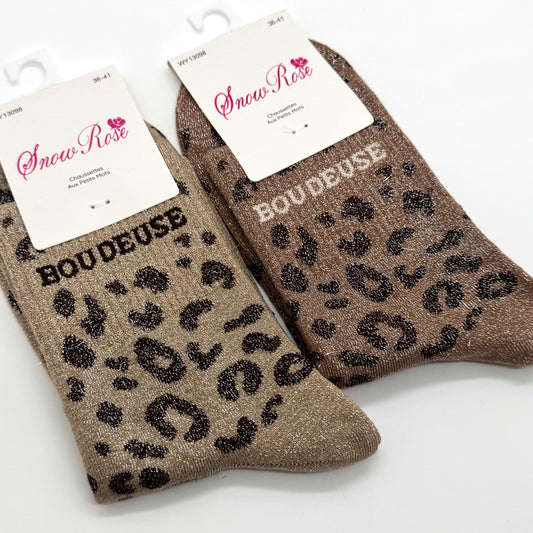 Chaussettes à Paillettes à Message Léopard " Boudeuse "