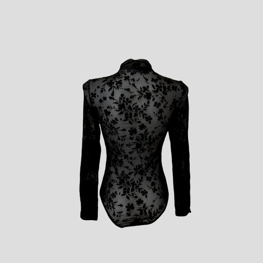Body mesh noir fleuri en velours – zippé, manches longues
