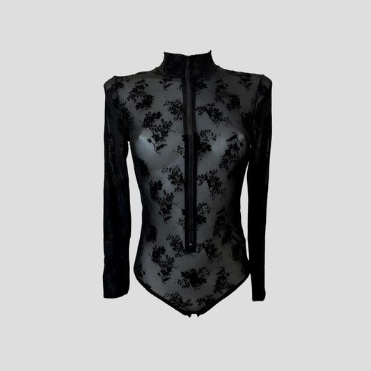 Body mesh noir fleuri en velours – zippé, manches longues