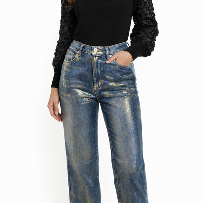 Jean bleu effet métallisé