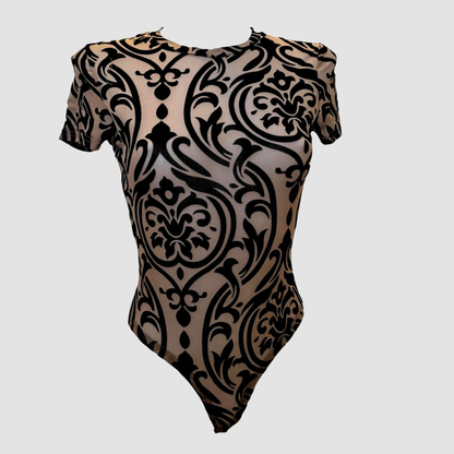 Body mesh noir motif velours – sans manches (noir ou beige)