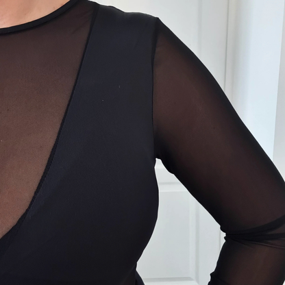 Body noir mesh V– manches longues