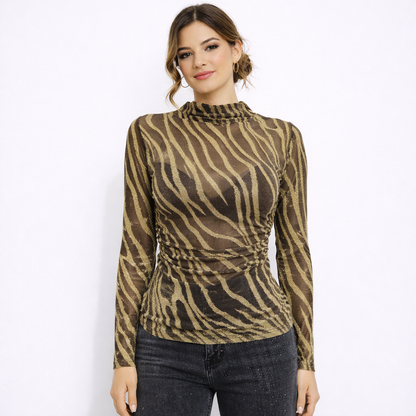 Top mesh zébré à fils métallisés – Col montant