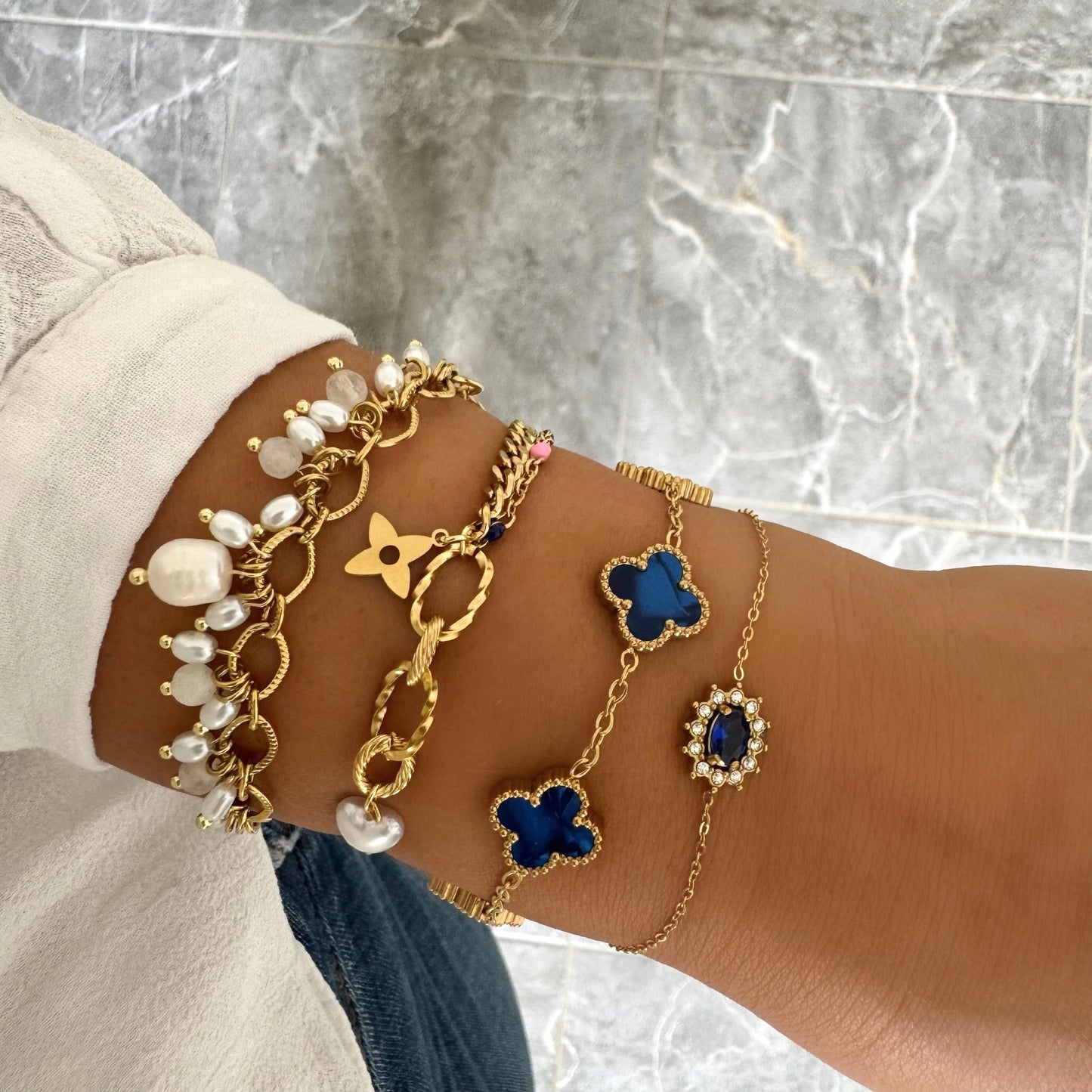 Bracelet Trèfle Maelya bleu doré