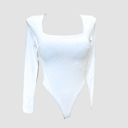 Body strass échancré – manches longues, coques intégrées (3 couleurs)