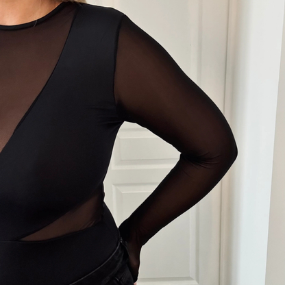 Body noir mesh V– manches longues