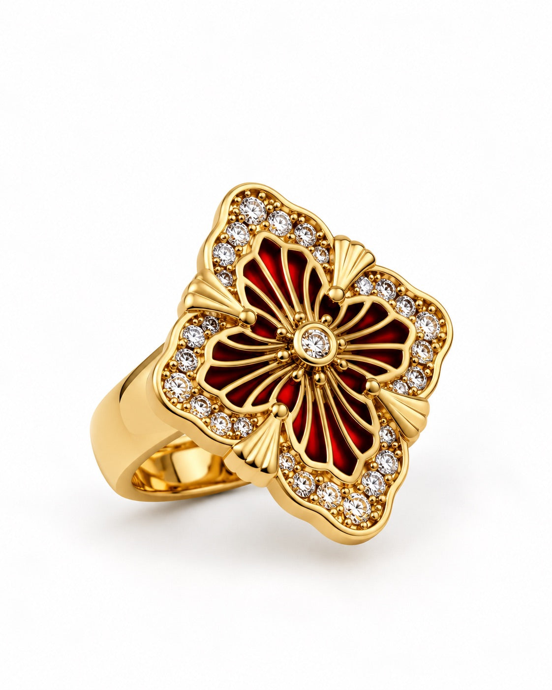 Bague dorée fleur ajourée rouge et zirconiums