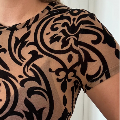 Body mesh noir motif velours – sans manches (noir ou beige)