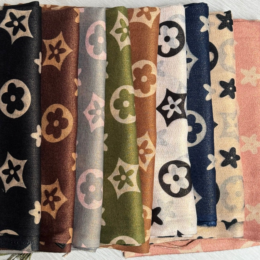 Écharpe imprimé fleur pailleté taupe