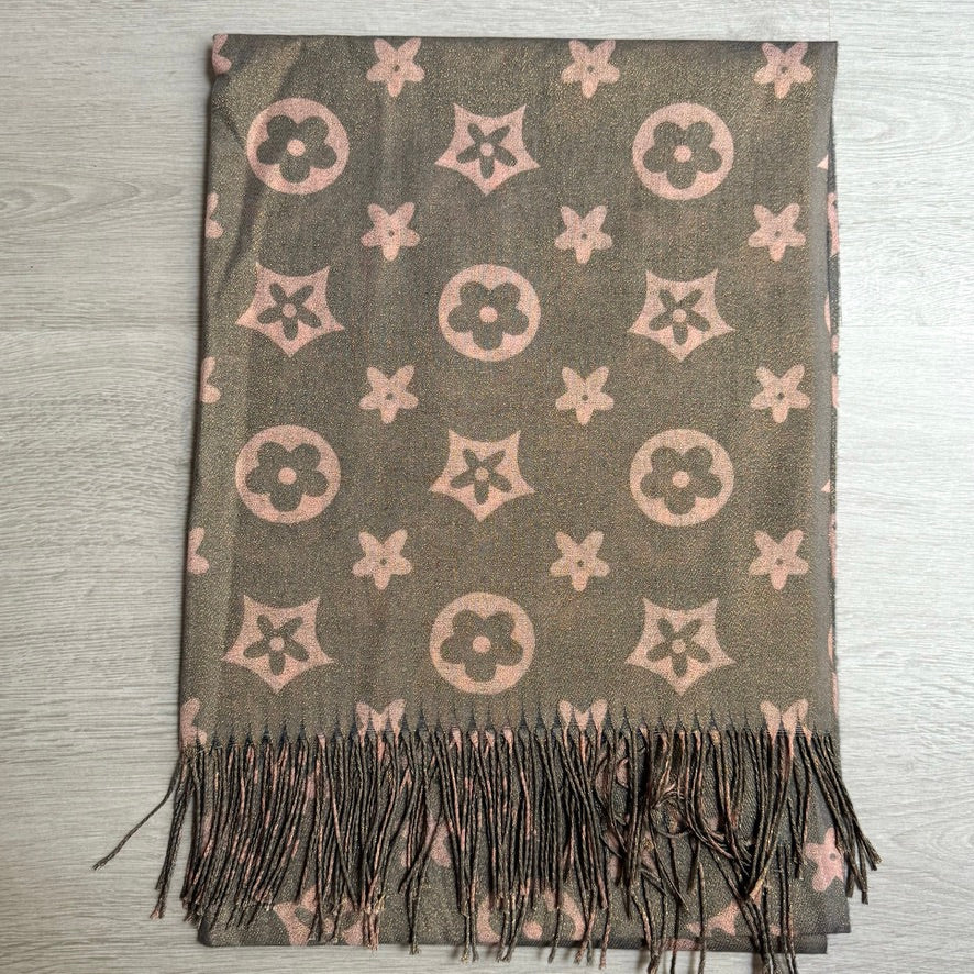 Écharpe imprimé fleur pailleté taupe