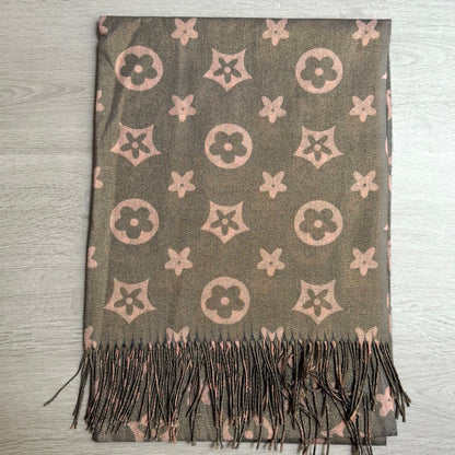 Écharpe imprimé fleur pailleté taupe