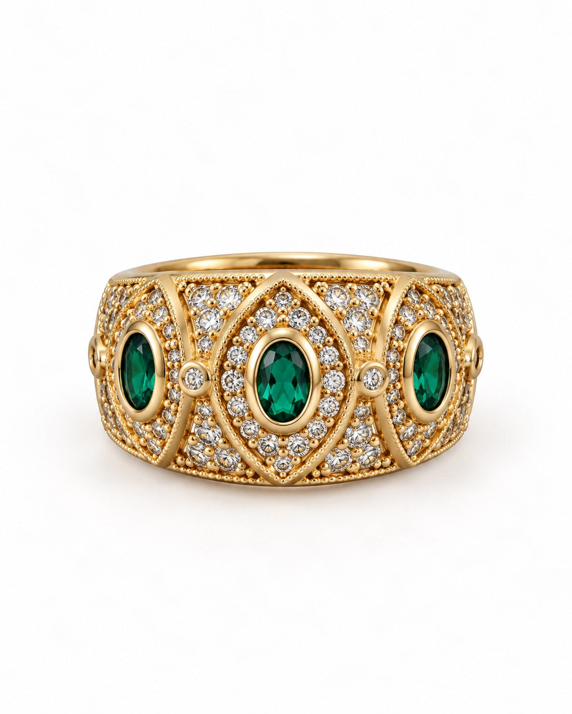 Bague dorée pierres vertes et zirconiums