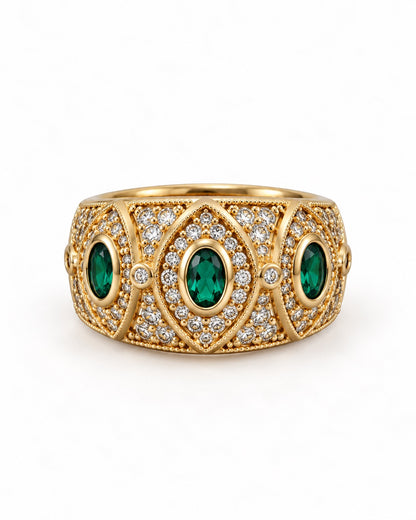 Bague dorée pierres vertes et zirconiums
