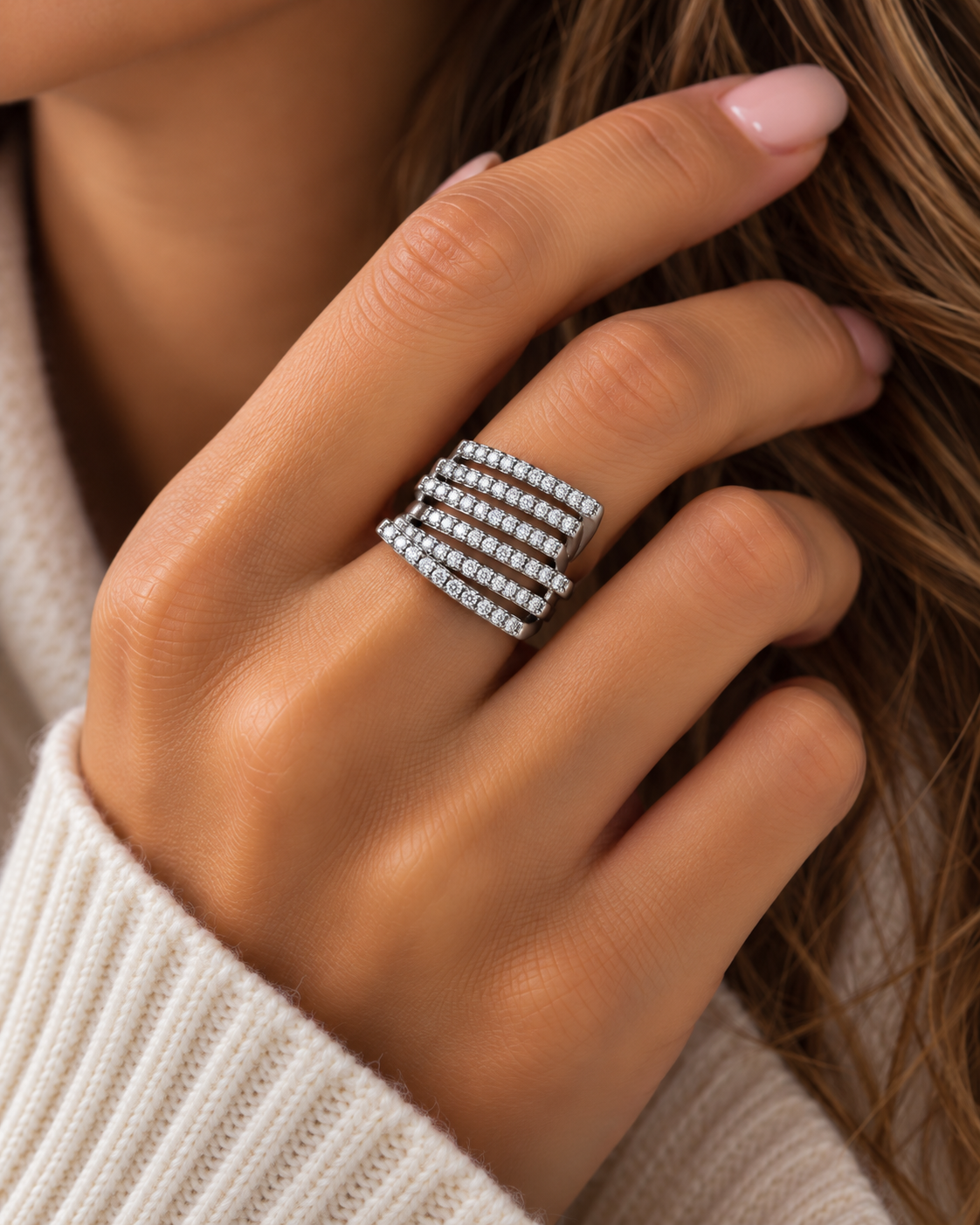 Bague argenté multirangs zirconiums