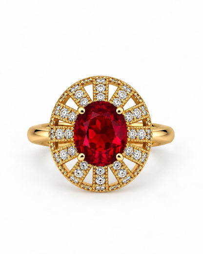 Bague dorée pierre rouge et zirconiums