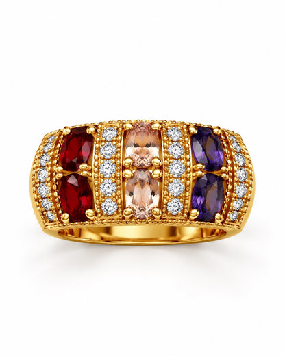 Bague dorée multirangs zirconiums