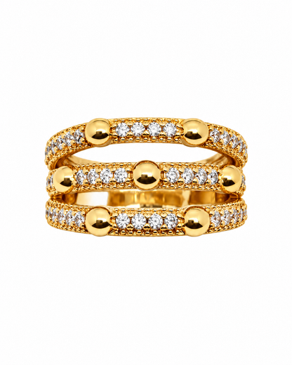 Bague dorée multirangs à zirconiums