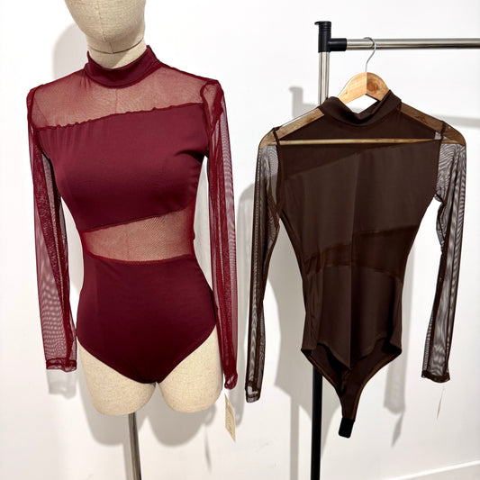 Body transparent col montant manches longues