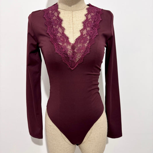 Body manches longues col V dentelle