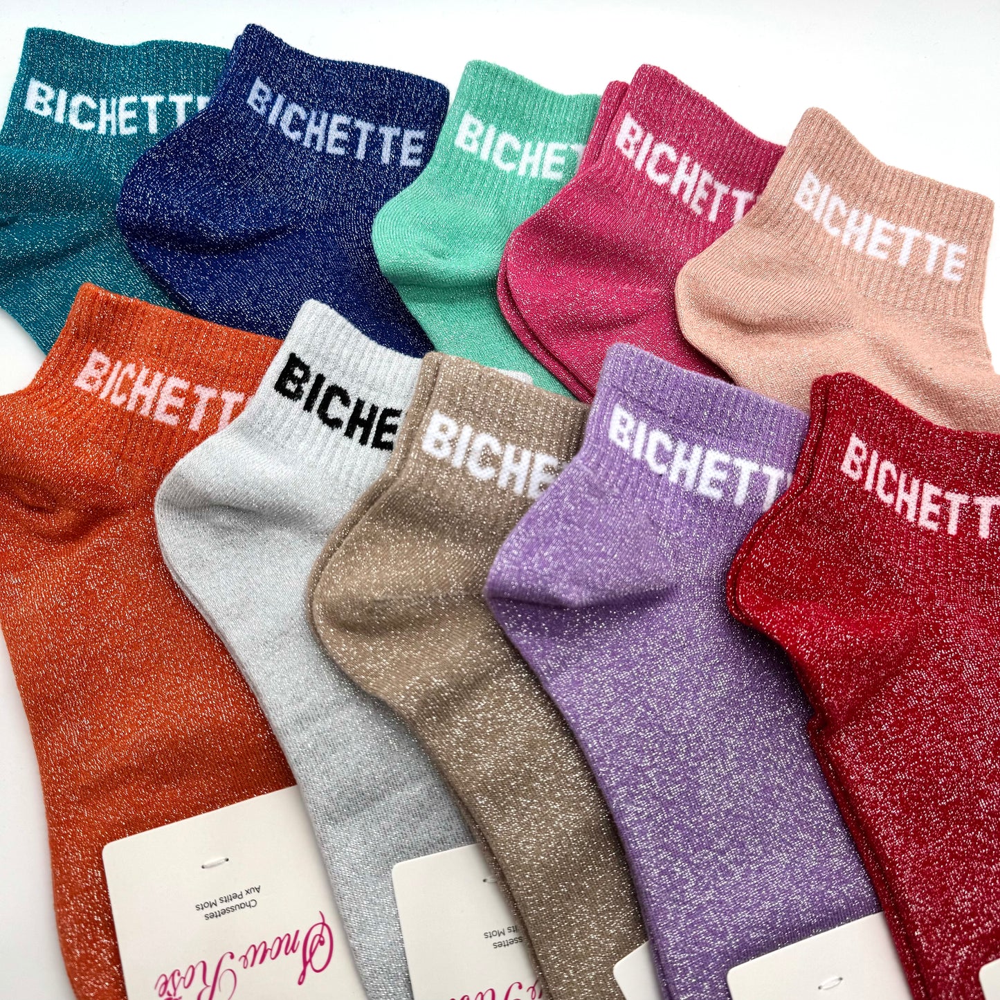 Chaussettes Socquettes à Paillettes à Message " Bichette "