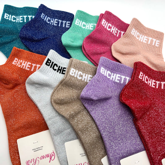 Chaussettes Socquettes à Paillettes à Message " Bichette "