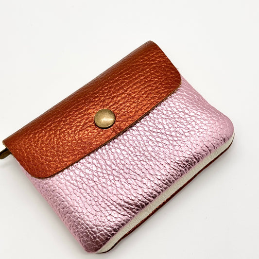Porte-monnaie en cuir véritable irisé rose-cuivre