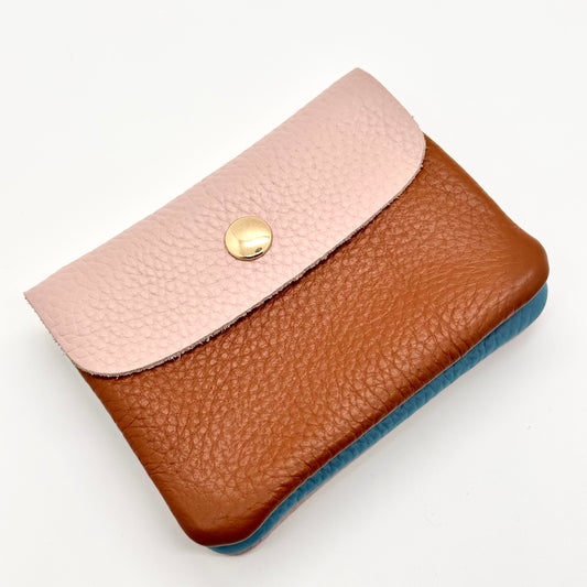 Porte-monnaie en cuir véritable marron-rose