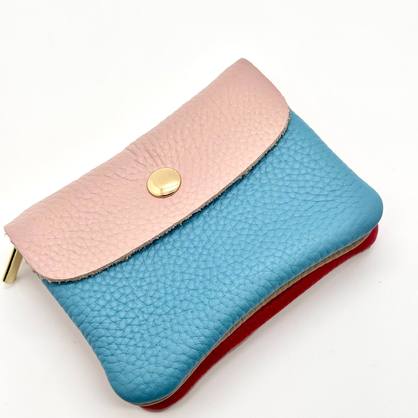 Porte-monnaie en cuir véritable bleu-rose