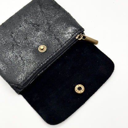 Porte-monnaie en cuir véritable lisse noir