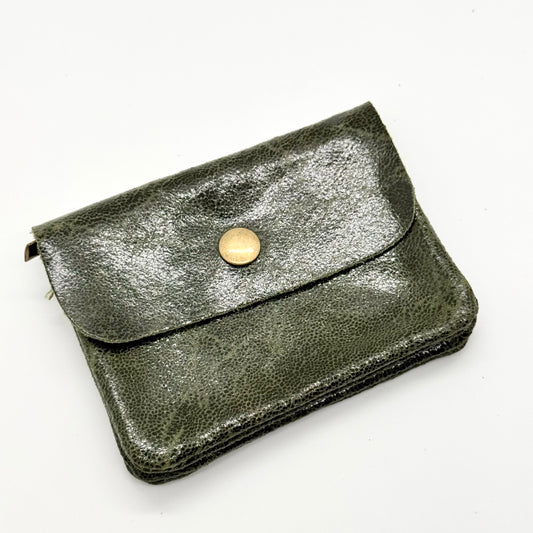 Porte-monnaie en cuir véritable lisse kaki