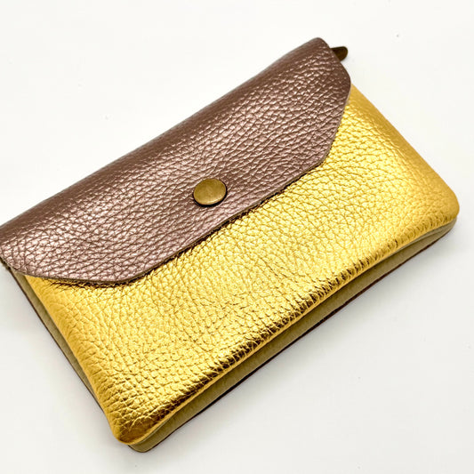 Porte-monnaie en cuir véritable irisé doré-bronze