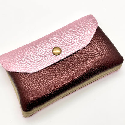 Porte-monnaie en cuir véritable irisé choco-rose