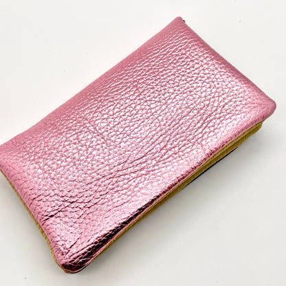 Porte-monnaie en cuir véritable irisé choco-rose