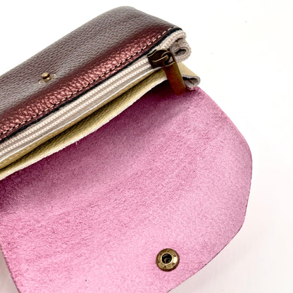 Porte-monnaie en cuir véritable irisé choco-rose