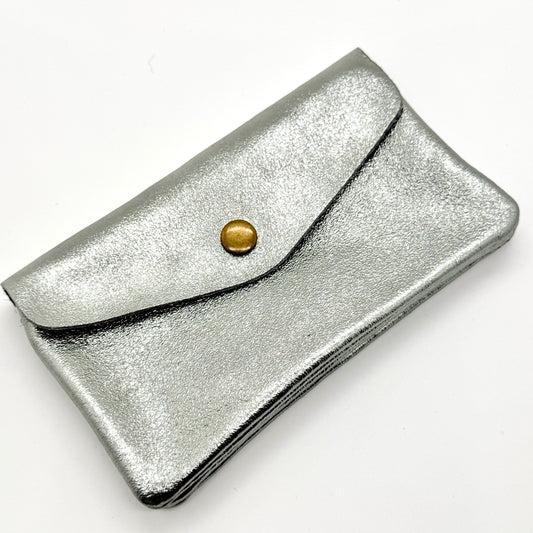 Porte-monnaie en cuir véritable irisé argenté foncé